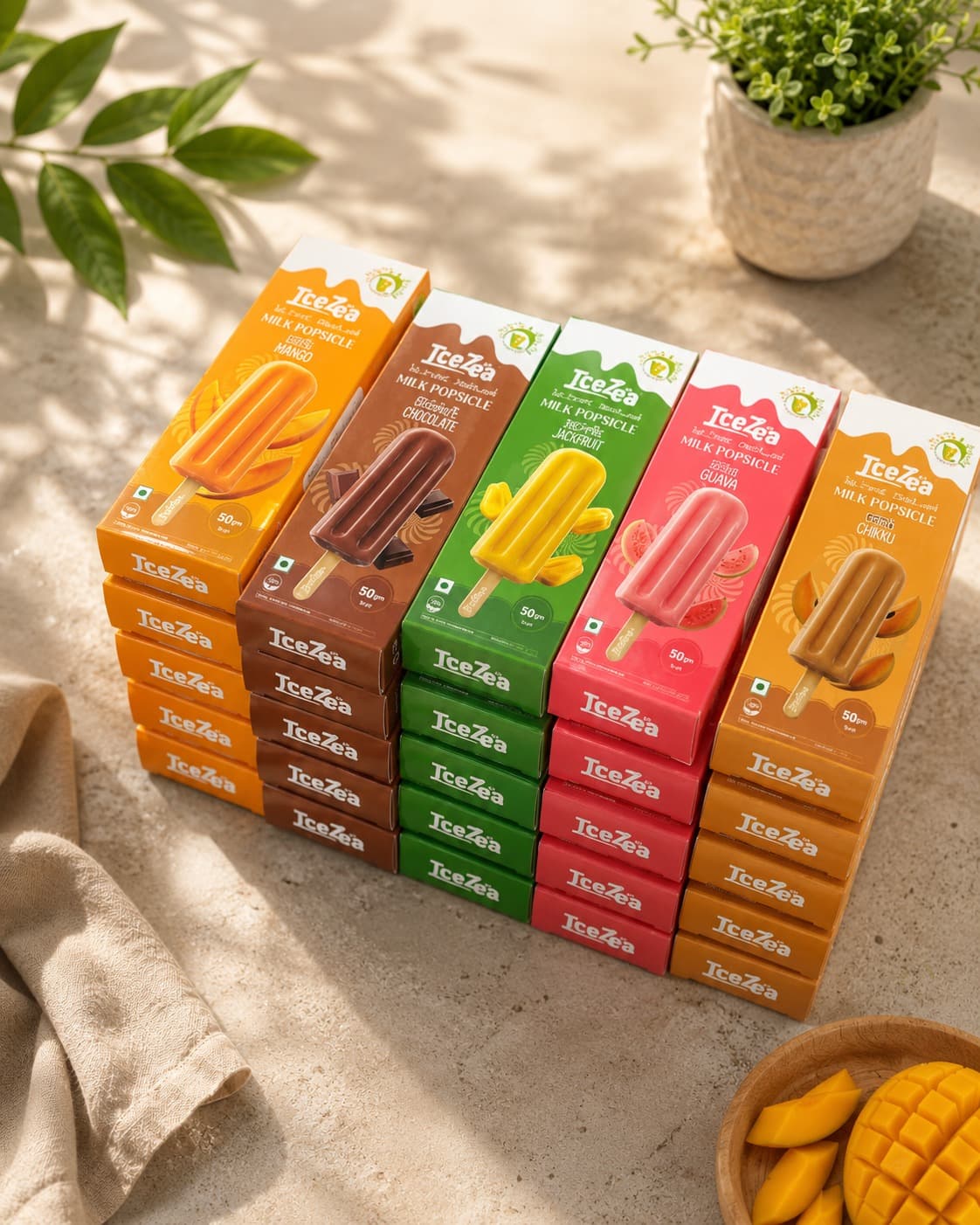 IceZea milk popsicle stacks in sunlight